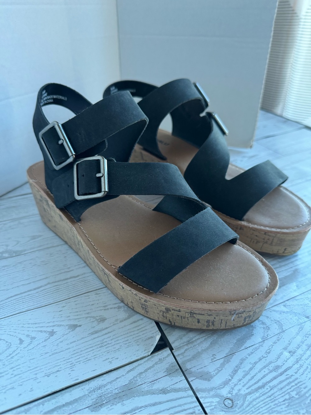 Women’s Black Cork Platform Sandals - Strappy Buckle Design size 9.5
